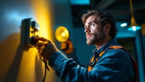 A photograph of a lighting contractor installing a 12v led light fixture in a modern setting