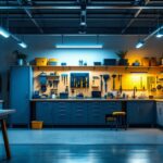 A photograph of a well-lit garage space showcasing various lighting options