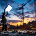 A photograph of a lighting contractor installing led flood lamps at a construction site during twilight