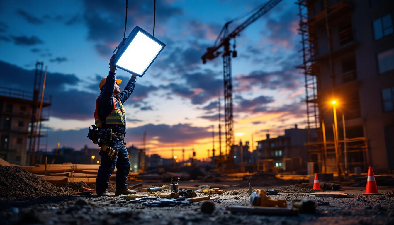 A photograph of a lighting contractor installing led flood lamps at a construction site during twilight