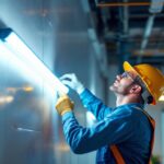 A photograph of a lighting contractor installing a 4-foot led tube light in a commercial space