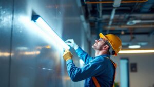 A photograph of a lighting contractor installing a 4-foot led tube light in a commercial space