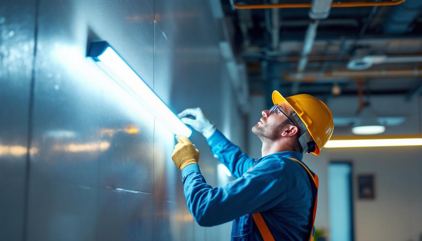 A photograph of a lighting contractor installing a 4-foot led tube light in a commercial space