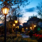 A photograph of capture a photograph of a beautifully illuminated outdoor light post fixture in a residential or garden setting during twilight