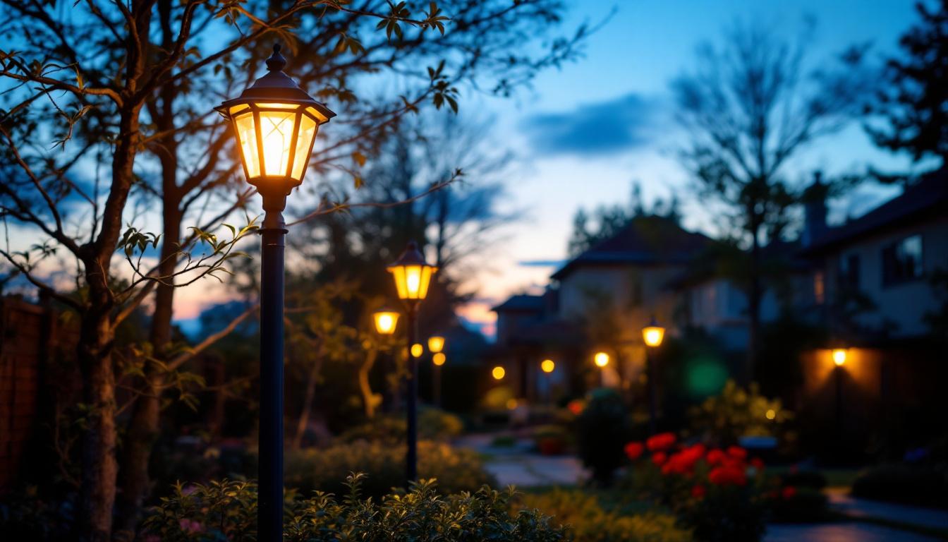 A photograph of capture a photograph of a beautifully illuminated outdoor light post fixture in a residential or garden setting during twilight