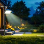 A photograph of a solar floodlight illuminating a beautifully landscaped outdoor area at dusk