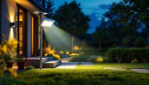 A photograph of a solar floodlight illuminating a beautifully landscaped outdoor area at dusk