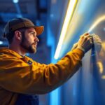 A photograph of a lighting contractor skillfully installing led long strip lights in a modern interior space