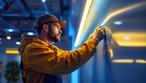 A photograph of a lighting contractor skillfully installing led long strip lights in a modern interior space