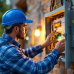 A photograph of a lighting contractor carefully inspecting an outdoor electrical panel cover