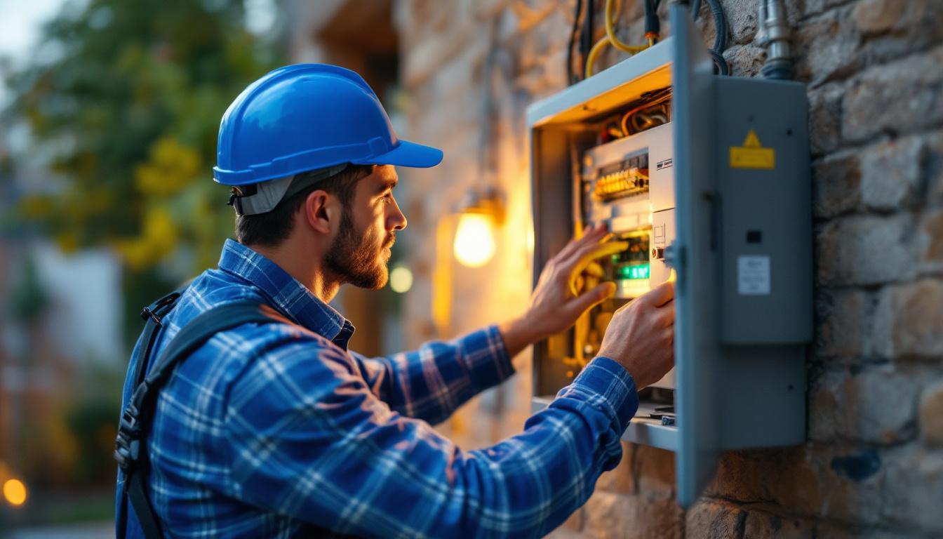 A photograph of a lighting contractor carefully inspecting an outdoor electrical panel cover