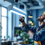A photograph of a lighting contractor expertly installing an 8 t8 lamp in a modern workspace