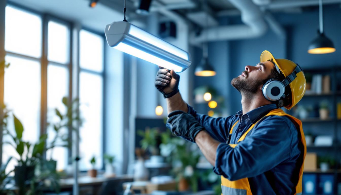 A photograph of a lighting contractor expertly installing an 8 t8 lamp in a modern workspace