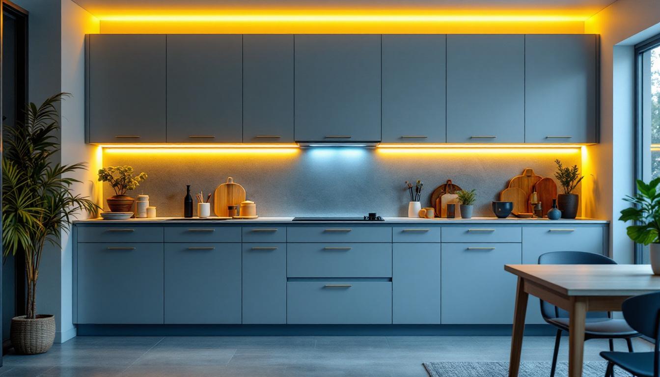 A photograph of a modern kitchen featuring sleek led cabinet lighting that highlights the cabinetry and creates an inviting atmosphere