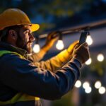 A photograph of a lighting contractor in action