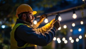 A photograph of a lighting contractor in action