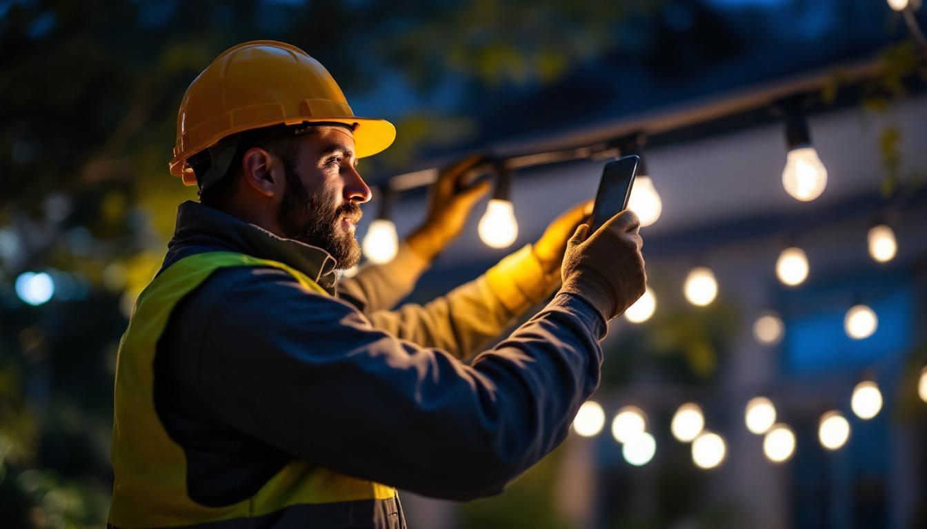 A photograph of a lighting contractor in action