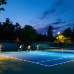 A photograph of a well-lit tennis court at dusk