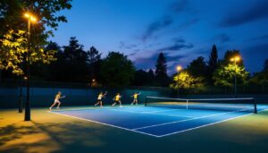 A photograph of a well-lit tennis court at dusk