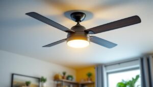 A photograph of a well-lit ceiling fan equipped with a stylish lighting kit in a modern living space