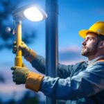 A photograph of a lighting contractor installing a light post sensor in an outdoor setting
