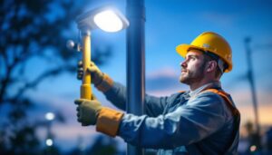 A photograph of a lighting contractor installing a light post sensor in an outdoor setting