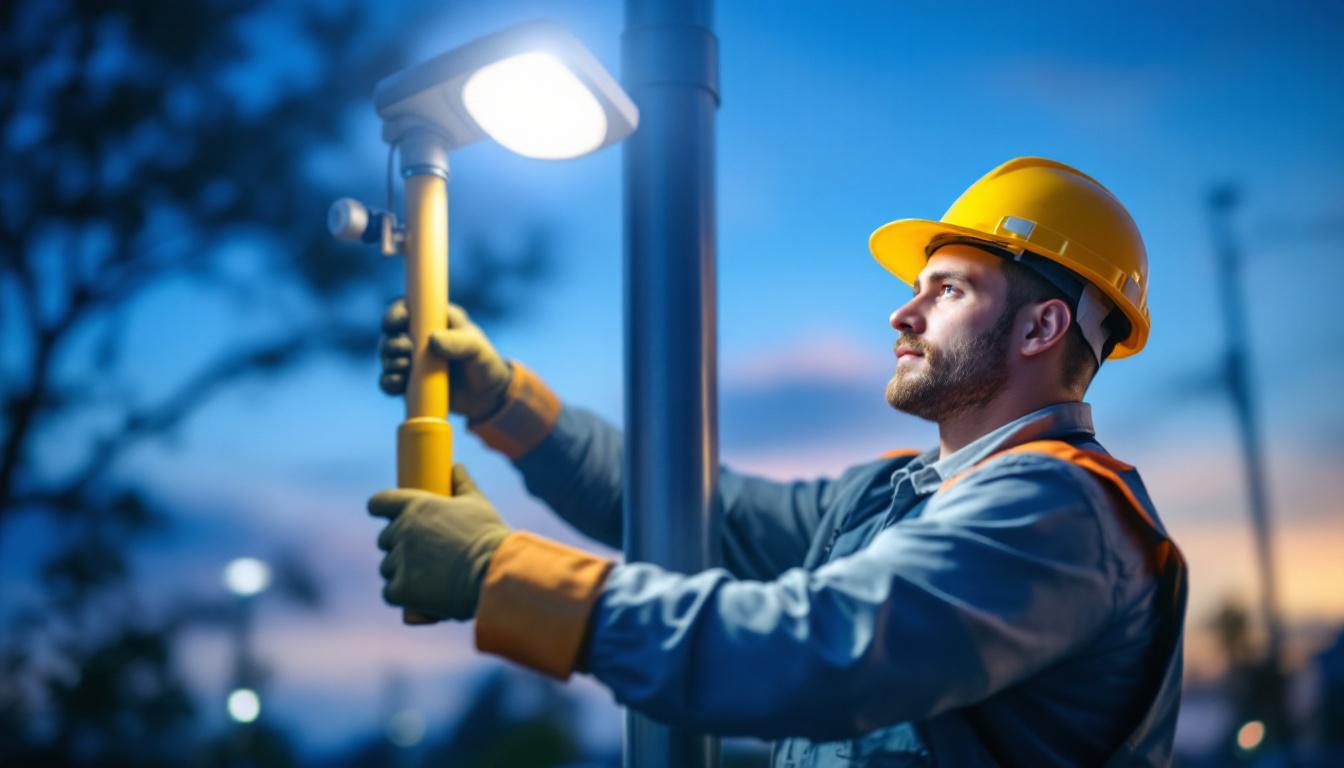A photograph of a lighting contractor installing a light post sensor in an outdoor setting