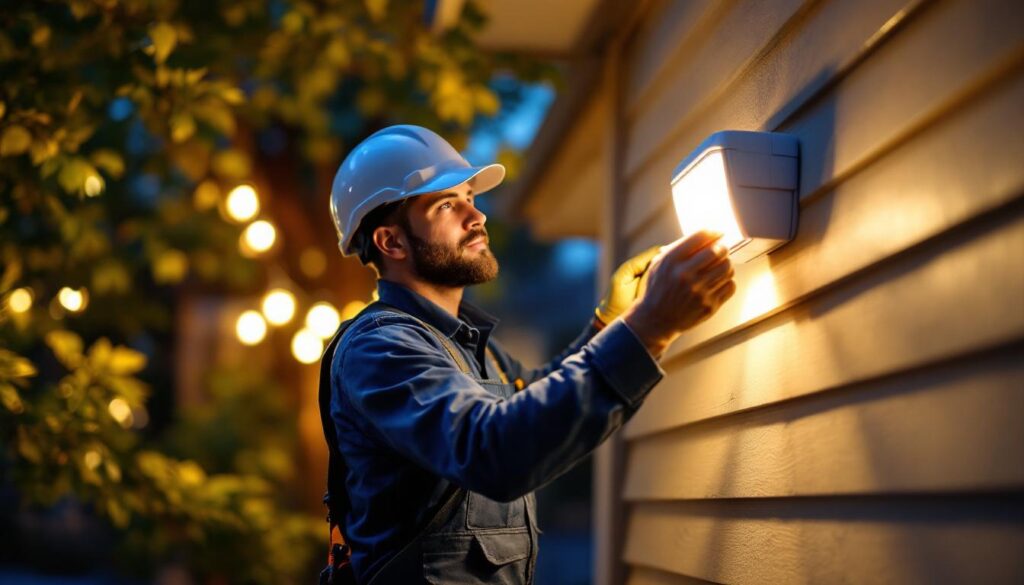 A photograph of a lighting contractor installing a motion detector on an outdoor light fixture