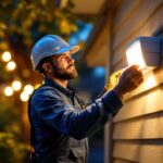 A photograph of a lighting contractor installing a motion detector on an outdoor light fixture