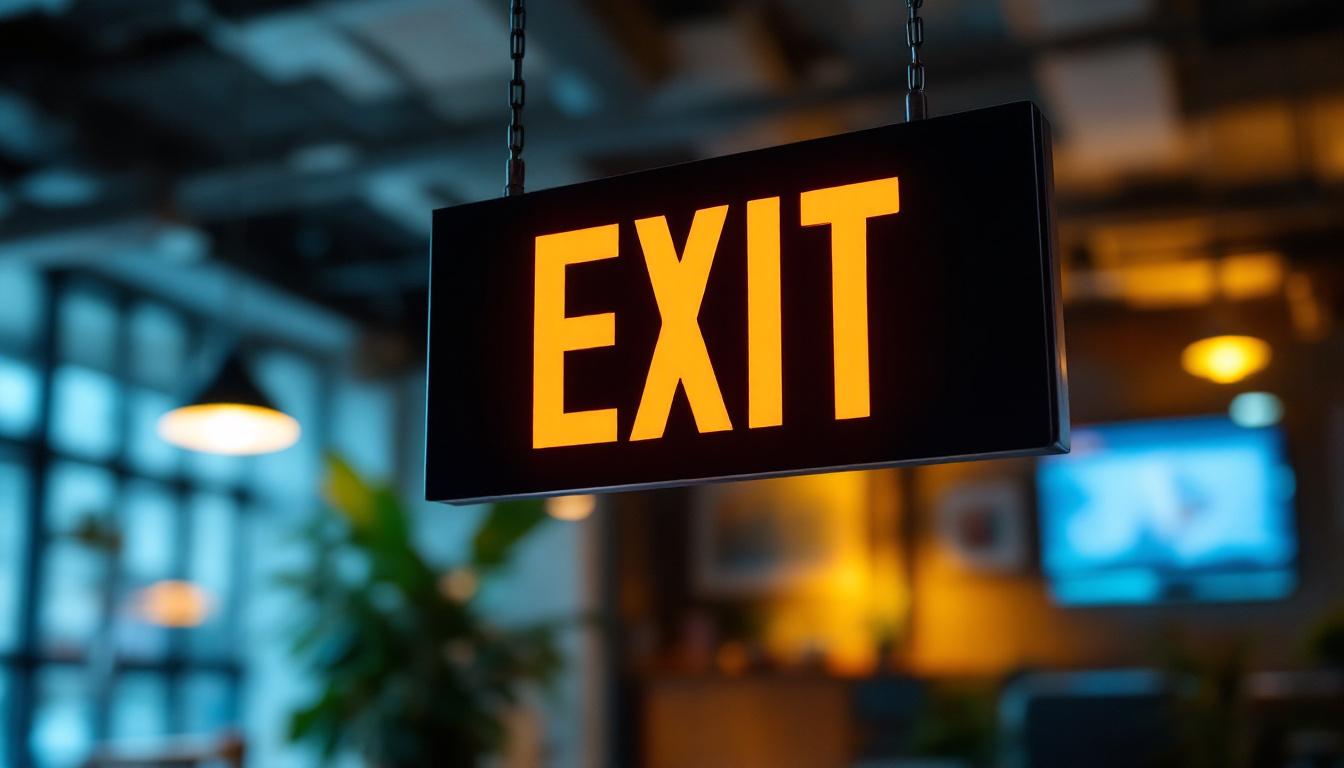 A photograph of a well-lit exit sign in a commercial setting
