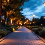 A photograph of a beautifully illuminated outdoor walkway at dusk