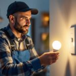 A photograph of a lighting contractor installing a dimmable led bulb and dimmer switch in a modern home setting