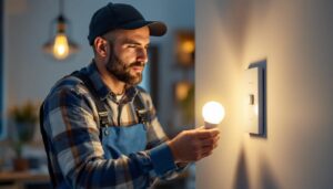 A photograph of a lighting contractor installing a dimmable led bulb and dimmer switch in a modern home setting