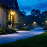 A photograph of a well-lit outdoor area showcasing various flood security lights installed around a property