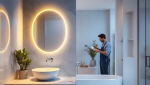 A photograph of a beautifully designed led bathroom lamp illuminating a modern bathroom space