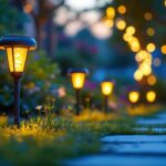 A photograph of a vibrant outdoor scene showcasing solar-powered led lights illuminating a garden or pathway at dusk