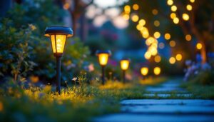 A photograph of a vibrant outdoor scene showcasing solar-powered led lights illuminating a garden or pathway at dusk