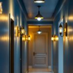 A photograph of a beautifully lit hallway showcasing a variety of stylish light fixtures