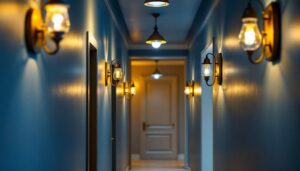 A photograph of a beautifully lit hallway showcasing a variety of stylish light fixtures