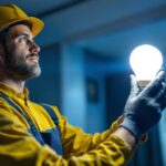 A photograph of a professional lighting contractor in action