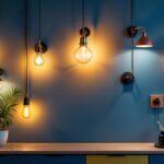 A photograph of a stylishly decorated wall adorned with various types of wall-mounted lights