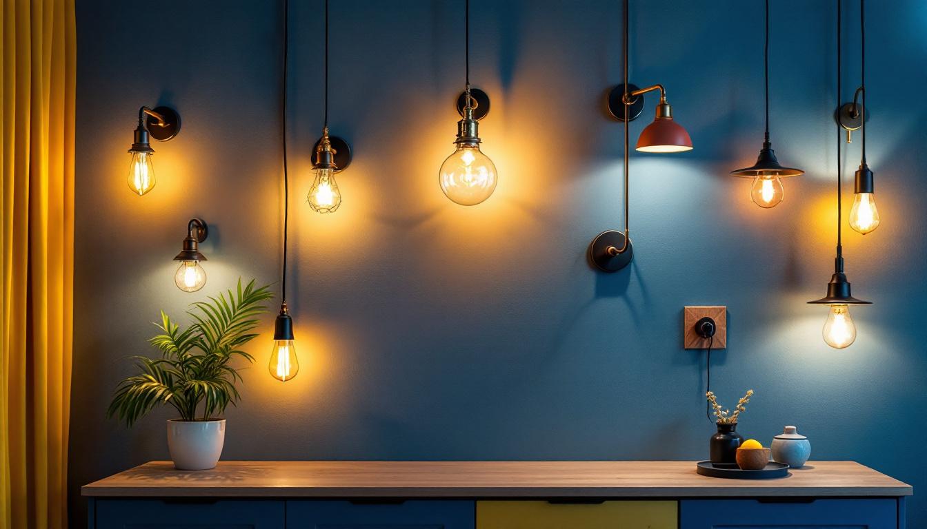 A photograph of a stylishly decorated wall adorned with various types of wall-mounted lights