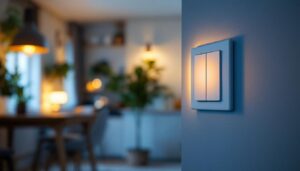 A photograph of a lighting contractor skillfully installing a modern dimmable light switch in a stylish home setting