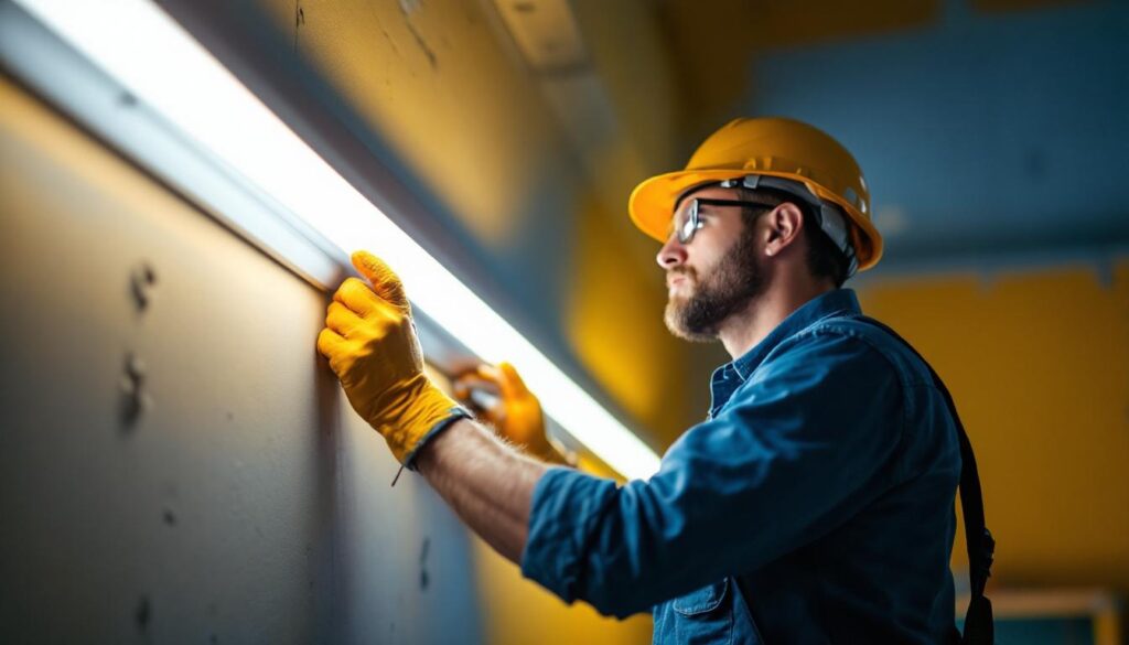 A photograph of a lighting contractor in action