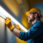 A photograph of a lighting contractor in action
