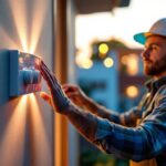 A photograph of a lighting contractor installing a dimmer switch in an outdoor setting
