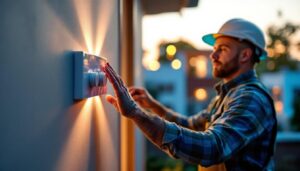 A photograph of a lighting contractor installing a dimmer switch in an outdoor setting