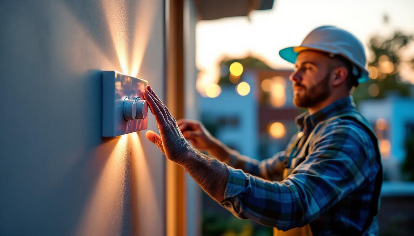 A photograph of a lighting contractor installing a dimmer switch in an outdoor setting