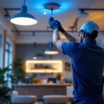 A photograph of a lighting contractor installing sleek