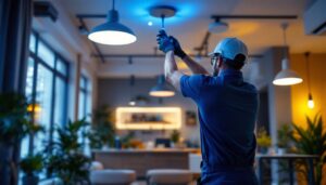 A photograph of a lighting contractor installing sleek